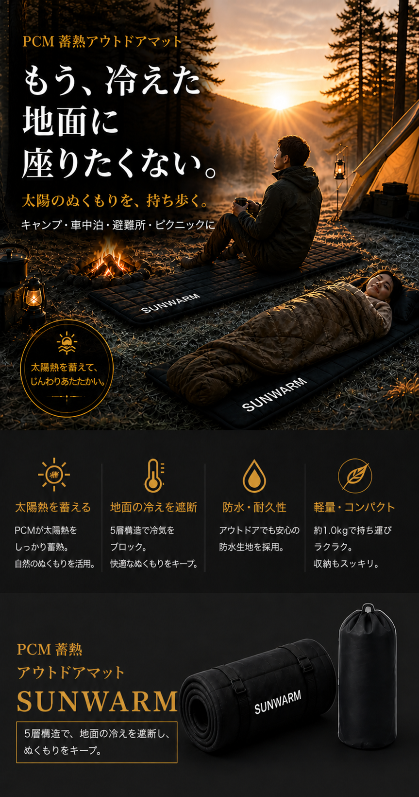 SUNWARMを使って焚き火の前でくつろぐシーン
