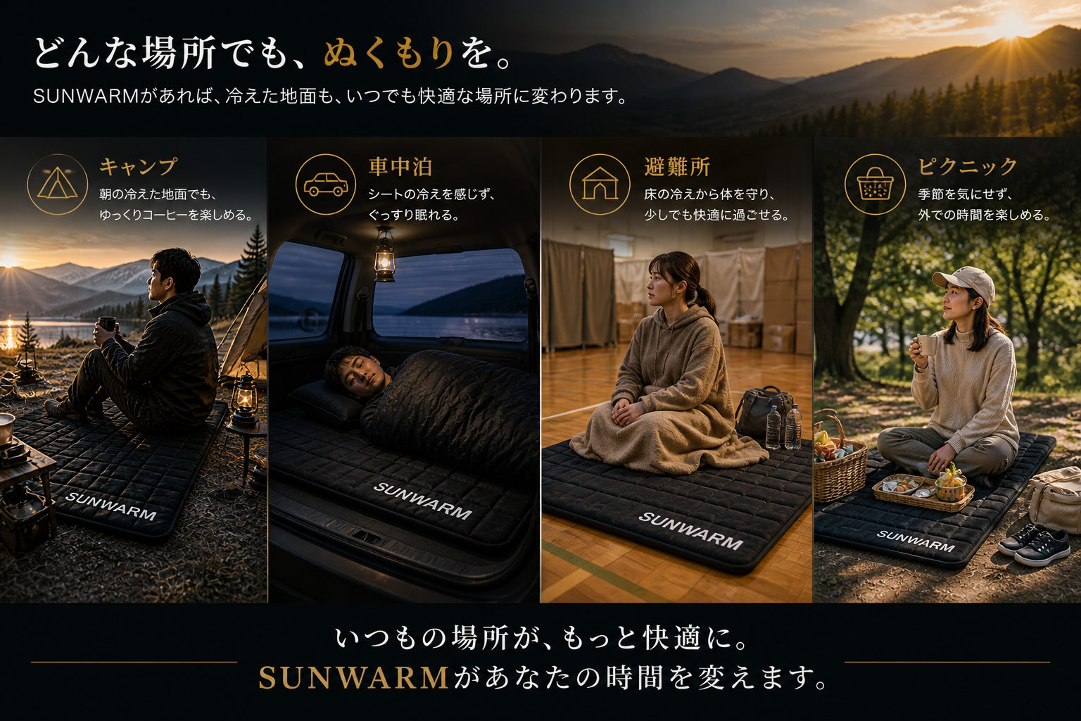 どんな場所でも、ぬくもりを。キャンプ・車中泊・避難所・ピクニックでの使用シーン